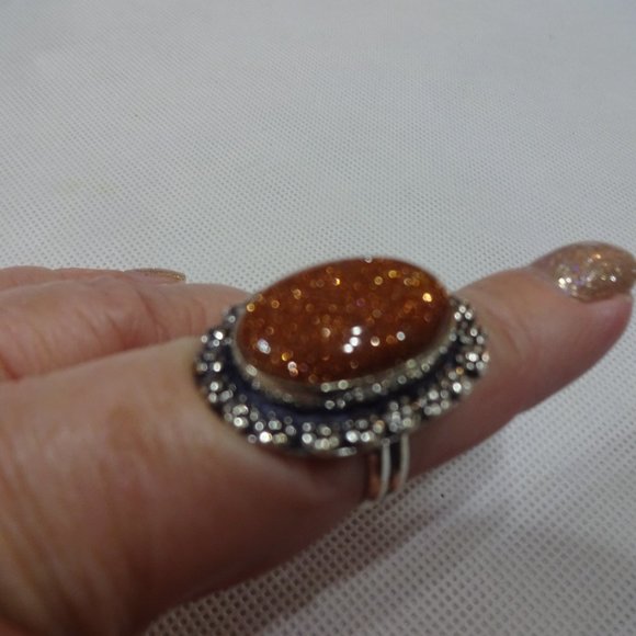 Sparkling "GOLD SUNSTONE" Handmade Sterling Ring Size 8.5 #350A - Picture 2 of 3